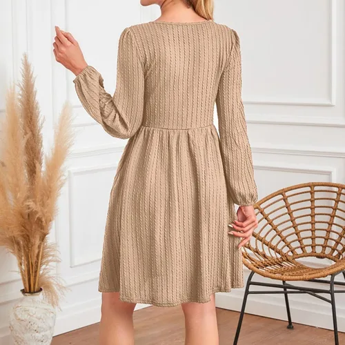 Vista 4 de Zaswen Vestido casual de punto para mujer, cuello redondo, manga larga, acampanado, vestidos de color sólido con bolsillos para primavera y otoño