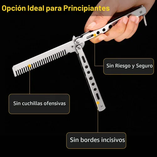 Vista 3 de Boao - Peine de acero inoxidable plegable (2 unidades), color negro, plateado Balisong Practice Tool for Hair Styling, Portable Pocket Design