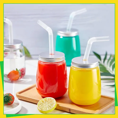 Vista 4 de Sabary Paquete de 24 tarros de plástico de 17 onzas con tapa y pajitas, tarro de jugo reutilizable con tapas de aluminio, tarro Mason transparente