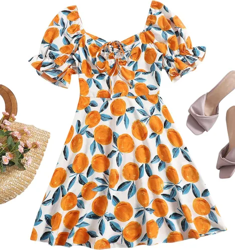 Vista 5 de Floerns Vestido Corto de Verano para Mujer con Cordón Cuello Corazón Manga Abombada Línea A