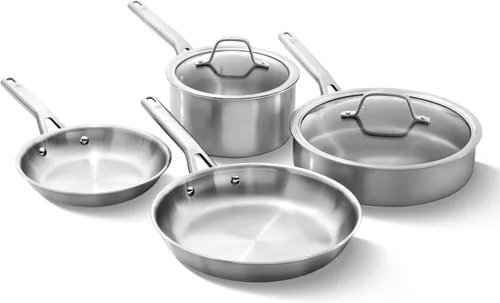 Vista 7 de Calphalon Juego de utensilios de cocina de acero inoxidable cepillado de 3 capas con Turbo Heat Tech 3 piezas, incluye juego de sartenes para freír