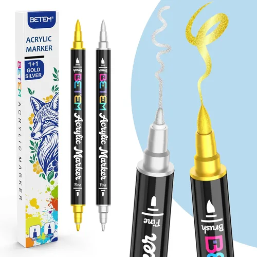 Vista 9 de Betem Bolígrafos de pintura acrílica negra, paquete de 2 marcadores acrílicos de doble punta, bolígrafos de pintura negra resistentes al agua