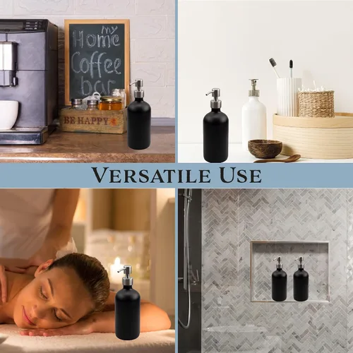 Vista 4 de Cornucopia Brands Botellas de vidrio negro de 16 onzas con bombas de acero inoxidable (paquete de 2); Boston Round recubierto de negro