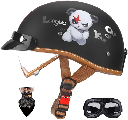 Vista 8 de Casco Moto Retro Jet para hombres y mujeres Homologado DOT, Medio Casco ABS, Ventilación Doble, Visera Retráctil y Forro Desmontable Fresco
