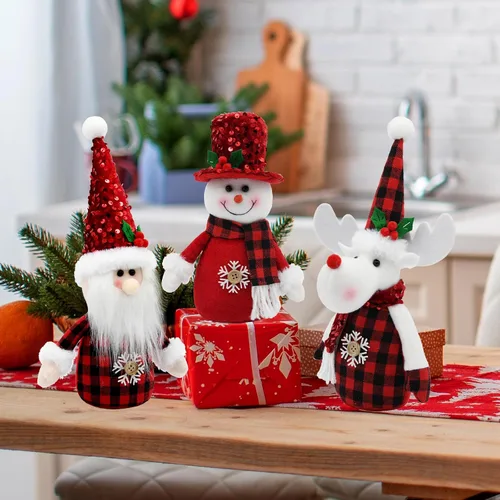 Vista 4 de Decoraciones navideñas de búfalo rojo para interiores, 3 piezas de muñeco de nieve de Navidad rojo, Papá Noel y reno, bandeja escalonada de felpa