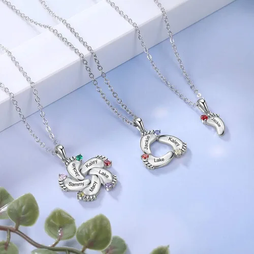 Vista 5 de ROSI - Collar personalizado con nombre de madre con 1-6 piedras natales, collar con colgante de pies de bebé, collar con dije con nombre grabado