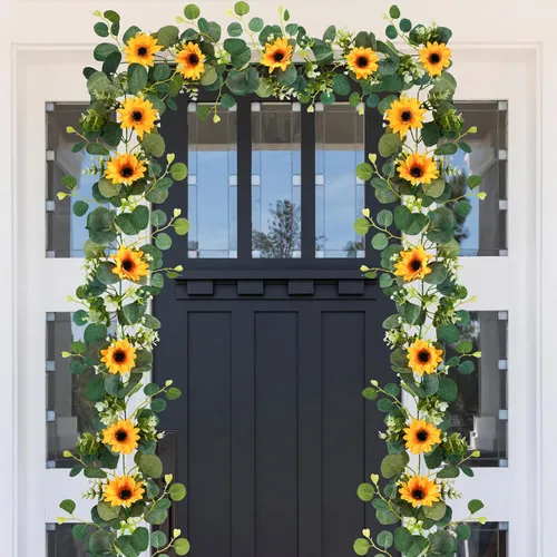 Vista 7 de Uieke Paquete de 2 guirnaldas artificiales de girasol, 6 pies/hebra, girasoles de seda colgantes enredaderas, guirnalda de flores con hojas verdes