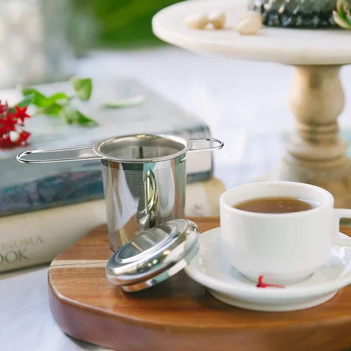 Vista 7 de Infusor de té, filtros de malla fina más empinados de acero inoxidable, colador de té de gran capacidad con mango y tapa plegables, colgar