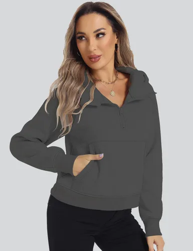 Vista 5 de ROYLAMP Sudaderas cortas con capucha de forro polar con media cremallera para mujer, ropa de invierno con cremallera de un cuarto, Gris-oscuro