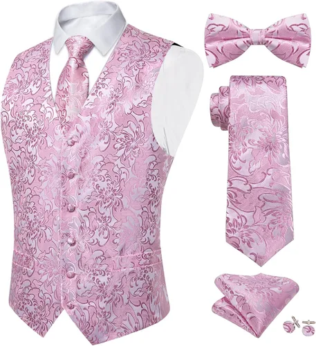 Vista 30 de DiBanGu Conjunto de 5 chalecos de seda con corbata y corbatín para hombre Paisley oro negro
