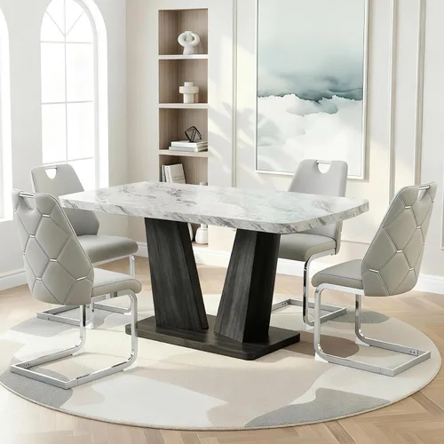Vista 11 de Juego de mesa de comedor para 6, juego de mesa de comedor de mármol para 6, juego de 6 sillas de mesa de cocina con base de madera, juego de mesa
