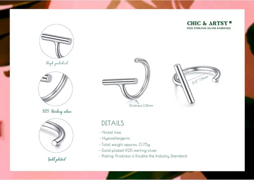 Vista 5 de Aretes de medio aro, aretes de aro pequeños de plata de ley 925 de bola, barra, estrella, luna, corazón, cruz, punto, triángulo, aretes