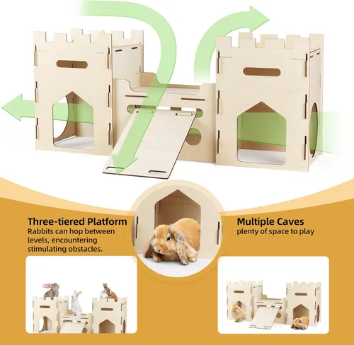 Vista 6 de HIIMALEX Extra Grande Casa de Castillo de Conejo de Madera Multipiso Torre de Escalada Escondite Ventilado Hábitat Resistente para Conejo, Cobaya