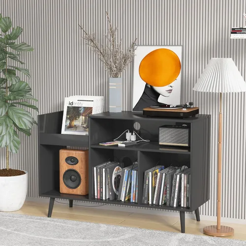 Vista 6 de Jluomei Mid-Century - Soporte para tocadiscos con gabinete de almacenamiento para discos de vinilo, mesa de jugador con toma de corriente, soporte