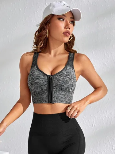 Vista 3 de Cozyease Sujetador deportivo con cremallera y espalda entrecruzada para mujer, cuello bajo, sin costuras, soporte medio, camiseta deportiva sin