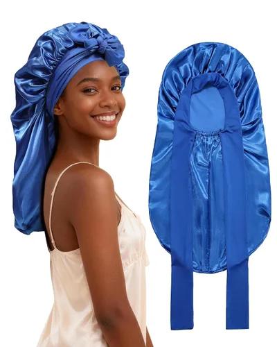 Vista 19 de AWAYTR - Gorro de satén para trenzas y cabello largo durmiendo para mujeres Long Satin Sleep Cap With Adjustable Tie Band, Protecting Braids Curly