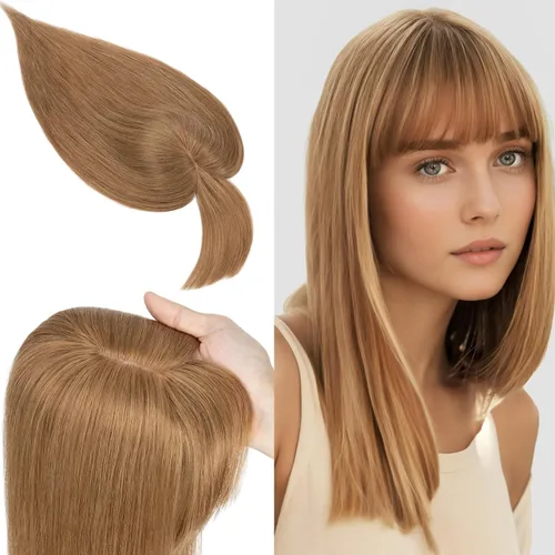 Vista 20 de SEGO Toppers de cabello humano 100% real, con flequillo de aire, base de seda 150% de densidad, topper con clip, 2.7 x 5.1 pulgadas, piezas