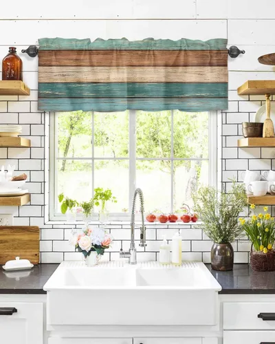 Vista 119 de Cenefa de cortina con lazo rojo de Navidad para ventanas, sala de estar, cocina, baño, granja, bolas de Navidad de acuarela con diseño de bayas