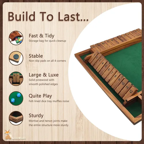 Vista 2 de Shut The Box Game Tablero de madera (13.78 pulgadas) para 1-4 jugadores, juegos de dados familiares para adultos con 12 dados, aprendizaje educativo