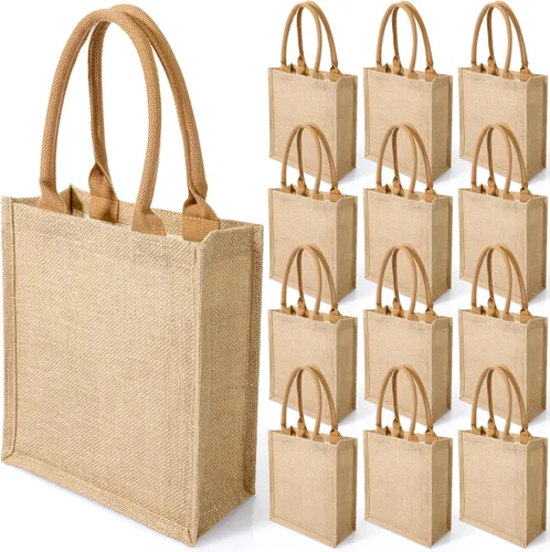 Vista 8 de 10 bolsas de arpillera con asas, bolsa de regalo de yute, impermeables, reutilizables, en blanco, para bricolaje, boda, dama de honor, compras