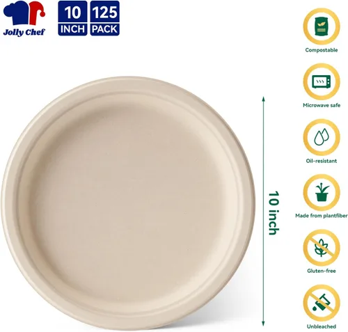 Vista 2 de JOLLY CHEF Platos compostables de alta resistencia de 10 pulgadas [Paquete de 125] Platos de papel desechables ecológicos de bagazo natural