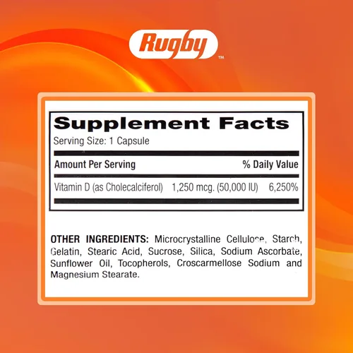 Vista 8 de Rugby Vitamina D3 50,000 UI (1250 mcg) - Suplemento de vitamina D de alta potencia para huesos, dientes e inmunidad, 100 cápsulas