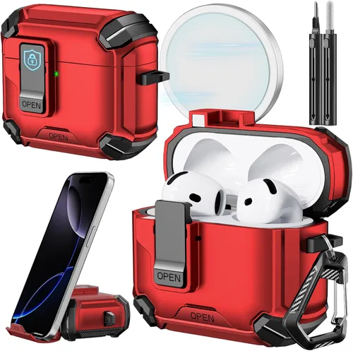 Vista 50 de Inesore Funda para AirPods Pro 1ª/2ª con bloqueo seguro (verde oscuro) Cubierta magnética de bloqueo automático con soporte para teléfono y kit