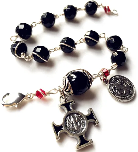 Vista 3 de elegantmedical Pulsera hecha a mano con cuentas de oración de ágata negra, rosario, cruz, católica, Metal