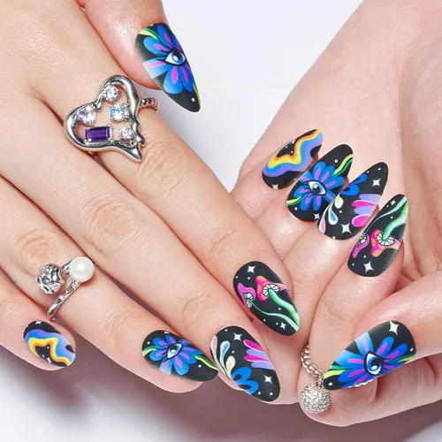 Vista 11 de GLAMERMAID Uñas postizas a presión con forma de almendra mediana, uñas de gel con punta francesa estilo gótico negro ombré, uñas postizas acrílicas