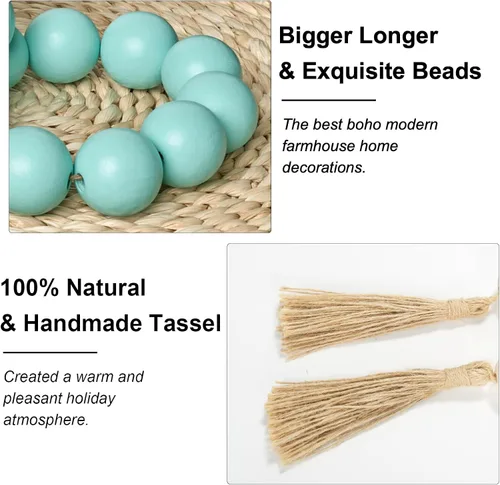 Vista 27 de OMISHE Guirnalda de cuentas de madera extra grande con cuentas de madera y borlas de 1.6 pulgadas de diámetro, cuentas decorativas rústicas de 41