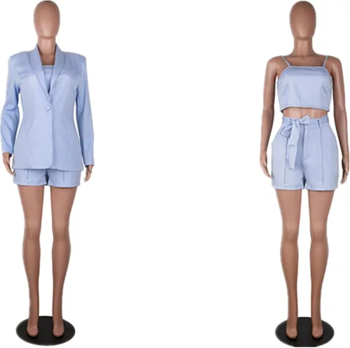 Vista 4 de Conjunto de 3 piezas de blazer para mujer, blazer con botón frontal abierto + blusa corta + pantalones cortos con cinturón, conjuntos de traje