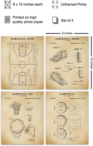Vista 2 de Impresiones de patente de baloncesto - Regalo genial y decoración única para habitación de niños, dormitorio para niños o adolescentes, oficina