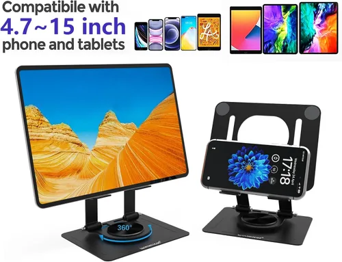 Vista 5 de Soporte para tablet para escritorio, con base de metal giratoria de 360°, soporte de doble varilla ajustable multiángulo, accesorios de oficina