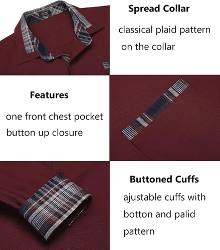 Vista 5 de COOFANDY - Camisa de vestir de algodón con mangas largas, botones y cuello a cuadros, de estilo casual, para hombres