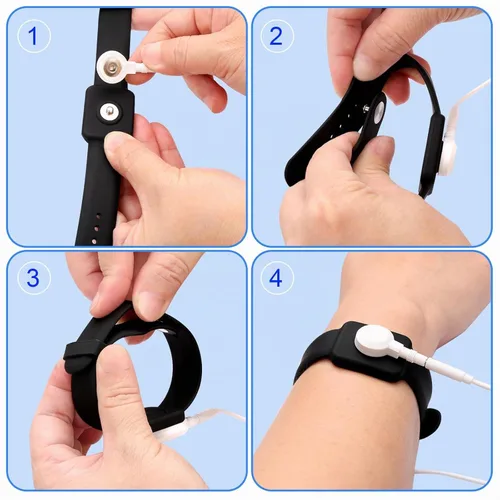 Vista 6 de Correa de muñeca antiestática, banda de conexión a tierra ESD, pulsera de silicona conductora ajustable estilo botón de 9 pulgadas, compatible