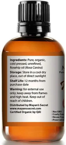 Vista 3 de Aceite de semilla de rosa mosqueta por Mayan's Secret certificado por USDA, orgánico, prensado en frío, sin refinar. Aceite esencial para cara