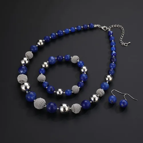Vista 4 de PEARL&CLUB Juego de collar y pulsera con cuentas gruesas de metal plateado, regalo para el día de la madre para mujeres