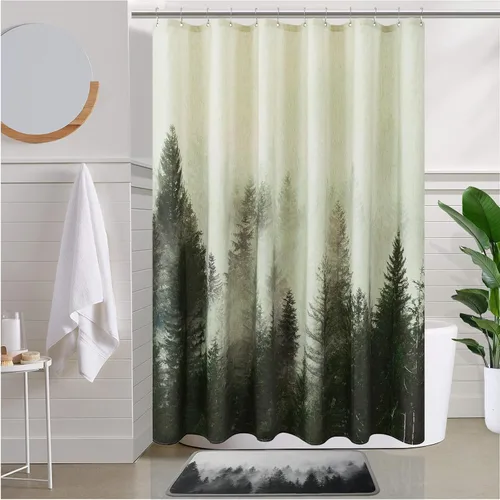 Vista 12 de ORTIGIA Cortina de ducha con diseño de bosque de montaña, tela de lino de mezcla pesada, árbol natural negro, cortina de baño de bosque brumoso, 60