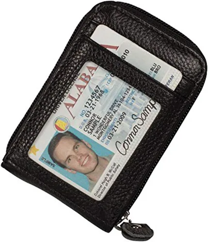 Vista 2 de Billetera con cierre de cuero genuino con tarjetero con bloqueador de señal RFID, S, Negro
