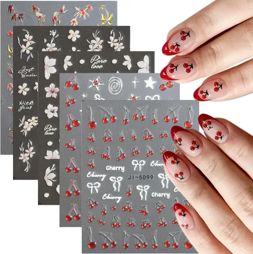 Vista 11 de Fcozpjk Calcomanías de uñas con lazo en relieve 5D, 5 hojas autoadhesivas de cintas rosas y blancas, arte de uñas para el día de San Valentín, dijes