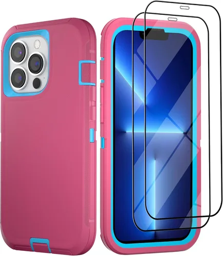 Vista 37 de Funda para iPhone 13 con 2 protectores de pantalla, resistente de grado militar, funda de cuerpo completo para hombres y mujeres (aguamarina + rosa)