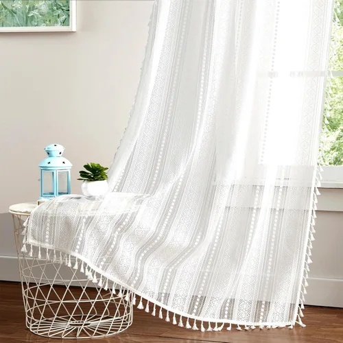 Vista 8 de Amzdecor Cortinas bohemias con borlas de encaje beige para dormitorio, sala de estar, lino texturizado elegante, patrón geométrico rústico