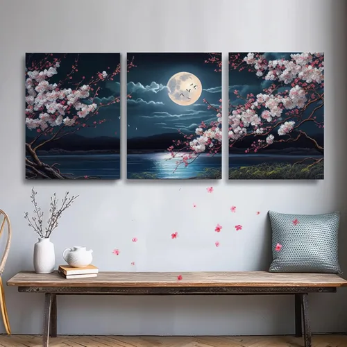 Vista 10 de YokiMino Juego de 3 arte bohemio para pared, lienzo enmarcado moderno de mediados de siglo, diseño de líneas geométricas de naturaleza para sala