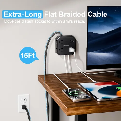 Vista 6 de Protector de sobretensiones - Cable de extensión de enchufe plano de 15 pies con 8 tomas amplias y 4 puertos USB (2 USB C), extensor de salida