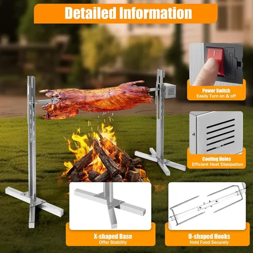 Vista 5 de Parrilla eléctrica de asador de 53 pulgadas, kit de parrilla resistente de capacidad de 88.18 libras, motor automático de 25 W y soporte universal
