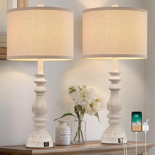 Vista 10 de Juego de 2 Lámparas de Mesita de Noche Estilo Granja para Dormitorio con Puertos USB A+C, Lámparas de Mesa Rústicas Vintage de 28" para Sala
