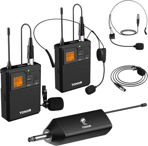 Vista 14 de TONOR Sistema de micrófono inalámbrico UHF con micrófono de auriculares/micrófono de solapa Lavalier, transmisor Bodypack, receptor recargable, 15