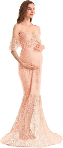 Vista 4 de AYMENII Vestido de maternidad de encaje de sirena con hombros descubiertos con volantes de manga de fotoshoot de boda de noche vestido de ducha