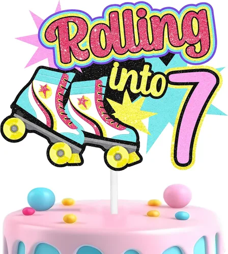 Vista 8 de Decoraciones retro para tartas de patinaje sobre ruedas para cumpleaños de 7 años, decoraciones enrollables, fiesta de cumpleaños de niños y niñas