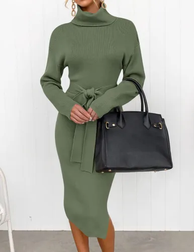 Vista 33 de ZESICA - Vestido por debajo de la rodilla de suéter, de cuello alto, para mujer, de manga larga, de punto acanalado, con abertura y cinturón